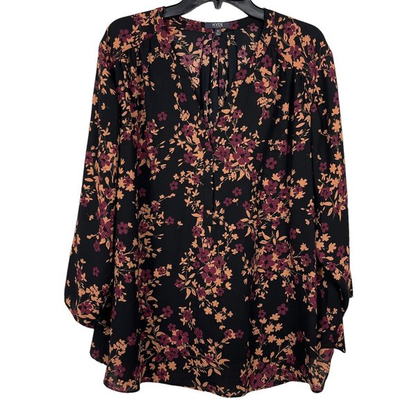 NYDJ Tops - NYDJ Top Womens 2X Pintuck Blouse Black Multi Floral Quarter Sleeve High Low